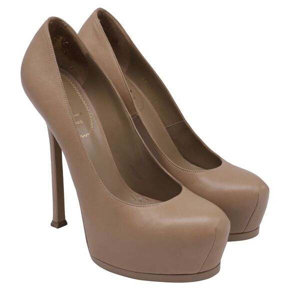 Saint Laurent Tribtoo Platform Pumps in Beige Leather - Picture 4 of 10
